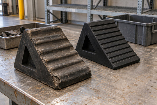 Worn and Intact Rubber Wheel Chocks on a Workshop Bench
