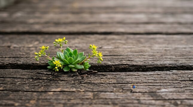 A resilient succulent plant with small yellow flowers growing out of a crack in weathered, rustic wooden planks, symbolizing nature's persistence and life thriving in harsh