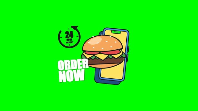 Fast food burger mobile delivery app icons on green screen