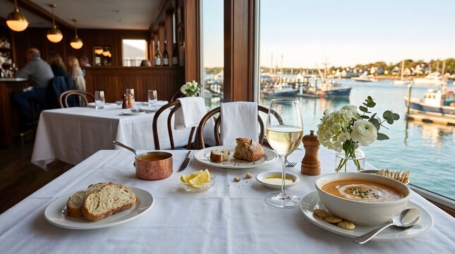 Crab Bisque on Waterfront Restaurant Table with White Wine and Harbour View