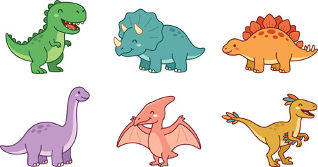 A set of six cute cartoon dinosaurs including a green t-rex, a blue triceratops, an orange stegosaurus, a purple long-neck, a pink pterodactyl, and a colorful feathered raptor © Digital Art
