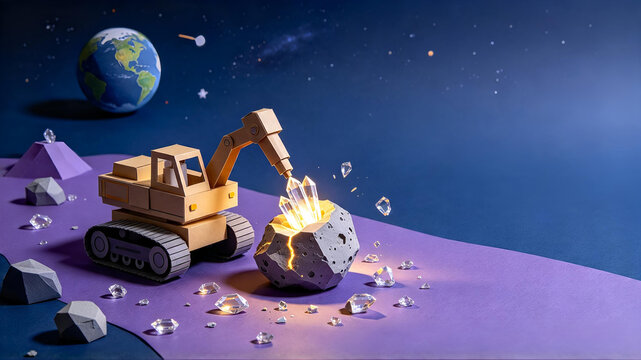 3D papercraft diorama of an excavator mining glowing crystals on a paper asteroid in deep space with planet earth in background for space economy concept