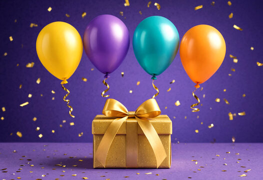 Colorful Balloons Floating Above Gift Box With Golden Ribbon