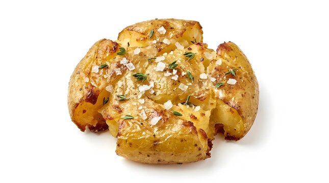 Crispy smashed heirloom potato with sea salt flakes and fresh thyme isolated on a white background.