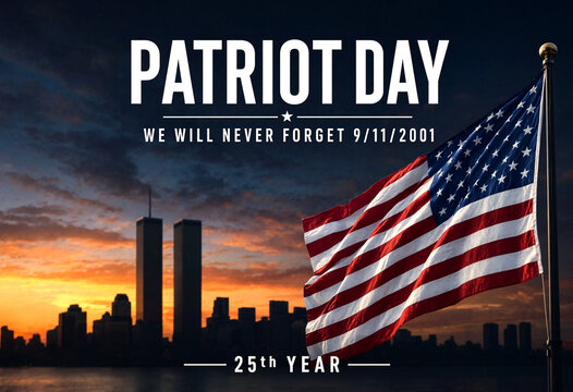 Patriot Day Memorial Flag Waving Over City Skyline Sunset Background