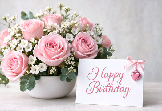 Pink Roses Birthday Flower Arrangement With Happy Birthday Card Displayed