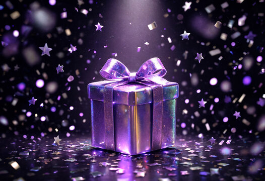 Shiny purple gift box with glittering bow on sparkly background