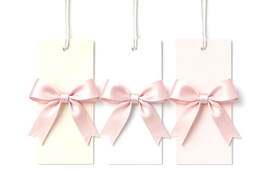 Three Pink Ribbon Bows Attached To White Cards Isolated Background