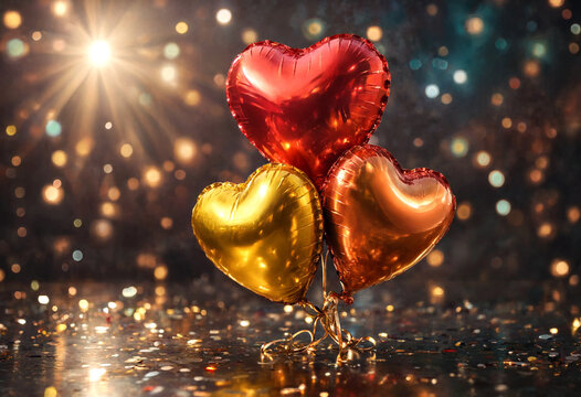 Three colorful heart shaped foil balloons with sparkle background lighting