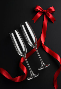 Two elegant champagne flutes with red satin ribbon bow decoration