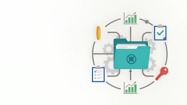 Data Management and Security Folder Icon Set with Business Analytics Symbols