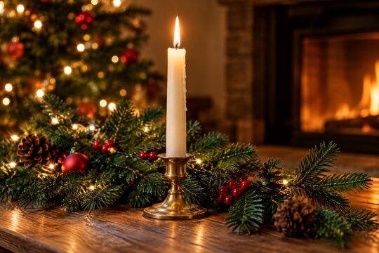White taper candle beside a Christmas tree and fireplace