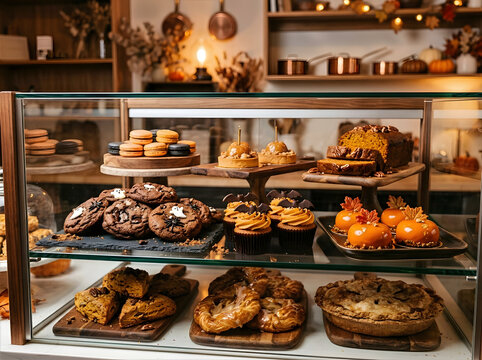 Cozy bakery display case filled with seasonal autumn desserts, Halloween decorated cookies, pumpkin cupcakes, pastries, and baked pies in a warm rustic cafe