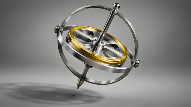 Metal gyroscope with golden rotating wheel spinning in gimbal frame on gray background