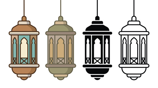 Set of four ramadan lanterns in different styles including colored, flat, and outline vector illustrations for islamic holiday decoration