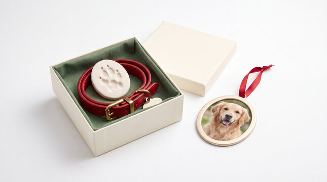 Dog collar and pet keepsakes isolated on white background.
