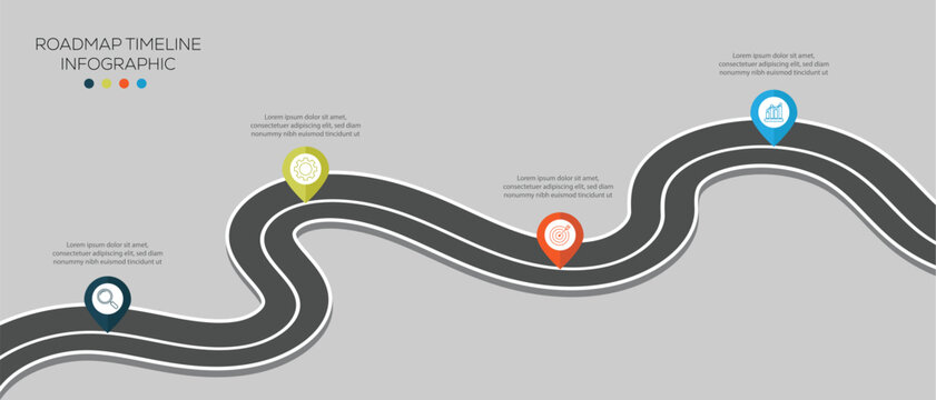 Business roadmap timeline infographic. 4 Steps Modern milestone diagram with road journey concept. Road trip, winding road concept. vector wave road.