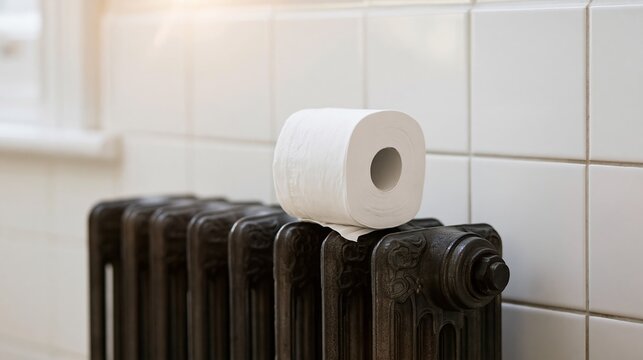 Toilet paper roll sits on a dark old radiator, contrasting with white tiled walls, symbolizing bathroom hygiene and comfort