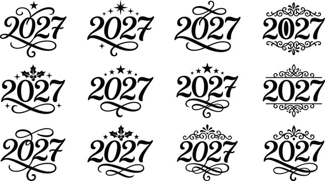 Set of 2027 new year calligraphy designs with decorative flourishes, stars, and holly elements