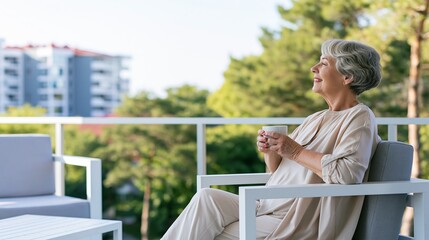 Fototapeta premium Senior woman relaxing on modern balcony enjoying morning coffee, contemplating peaceful outdoor view