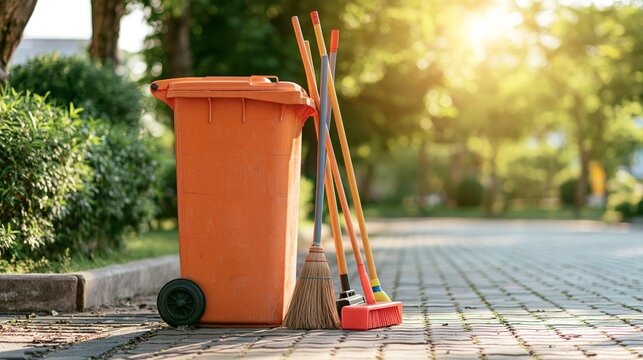 Orange wheeled garbage bin standing with brooms, representing outdoor public area cleaning and sanitation