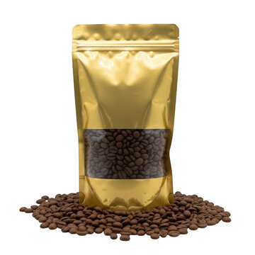 Golden coffee bean bag with loose beans