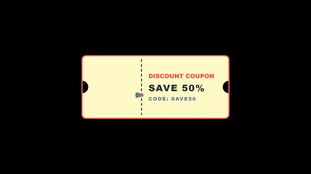 Flat design yellow coupon voucher ticket with red border and dashed cut line being cut by animated scissors on transparent background