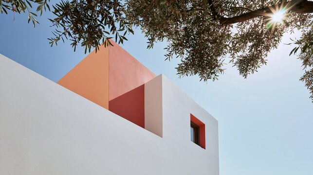 Modern building facade showcasing geometric architecture, white walls contrasting with peach and coral accents, vibrant Mediterranean design