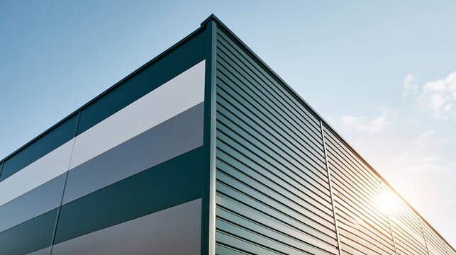 Modern building facade with green, white, gray panels and strong geometric lines against a clear sky