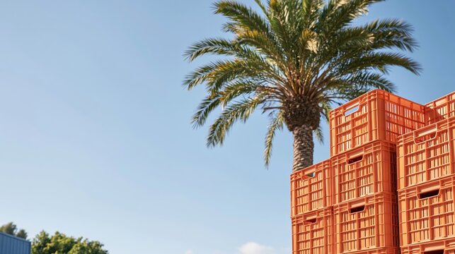 Bright orange plastic storage crates neatly stacked outdoors under a clear blue sky, a tall palm tree adding a tropical touch