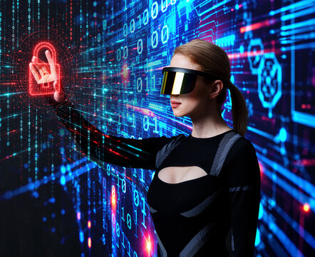 Blonde android female in VR glasses and suit on cyber security concept