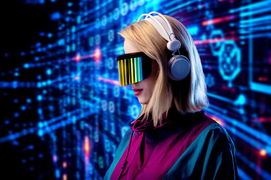 Blonde in VR glasses and headphones, cyber security concept