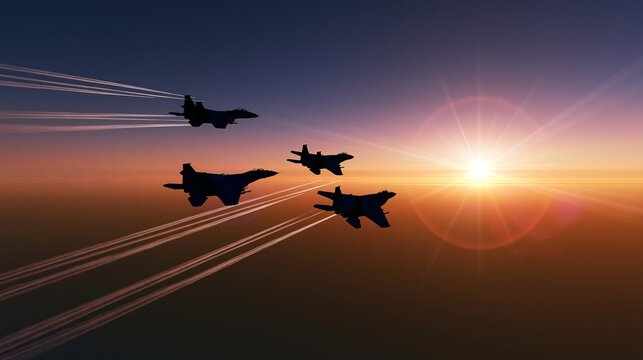 Military fighter jets flying in formation against a vibrant sunset sky creating dramatic contrails