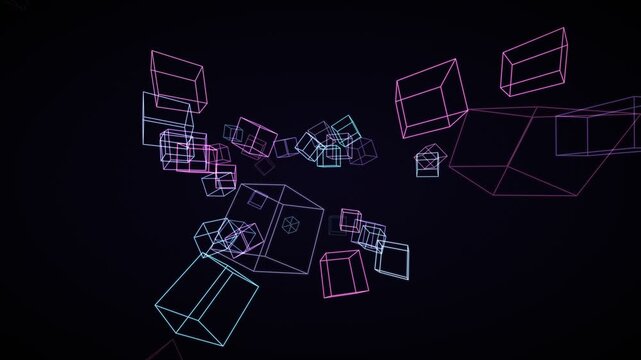 Abstract 3D wireframe cubes in neon pink and blue float and rotate in dark space