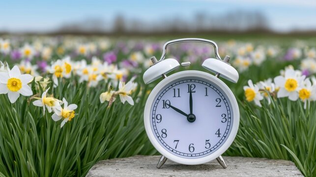 White alarm clock standing in a blooming daffodil field under blue sky, concept of spring awakening and new season