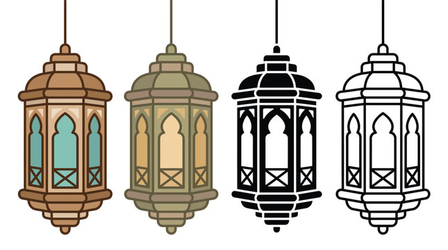 Set of four traditional ramadan lanterns in different styles including colored, silhouette and outline versions