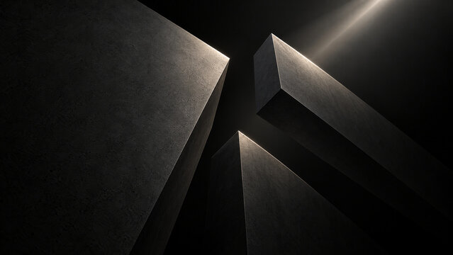 Minimalist black monoliths with dramatic lighting, abstract dark geometric stone pillars, cinematic architectural background with sharp shadows