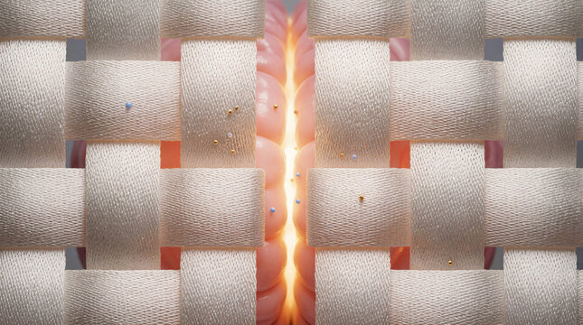 Blood brain barrier visualization showing tight silk fabric texture acting as selective transport proteins