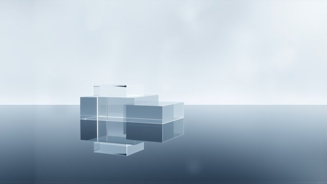 Minimalist composition. Transparent cubes float above dark surface. Soft lighting creates subtle gradients, simple geometry.
