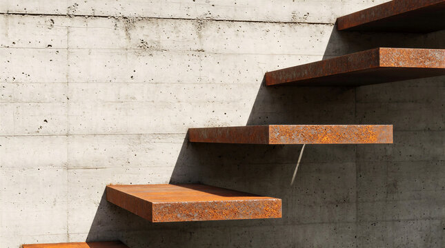 Corten steel stair treads cantilevered from a seamless board-formed concrete load-bearing wall inside a modern architectural interior