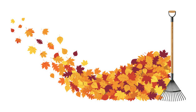Autumn leaf rake vector illustration. Blowing fall foliage, yard cleanup, pile, wind and backyard seasonal maintenance.