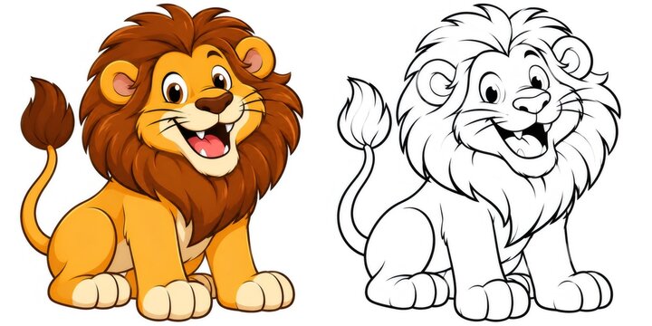 Cute lion cartoon sitting and smiling with coloring page