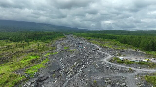 Lahar channel destructive mudflow sediment path volcanic ash Mount Semeru in East Java, Indonesia