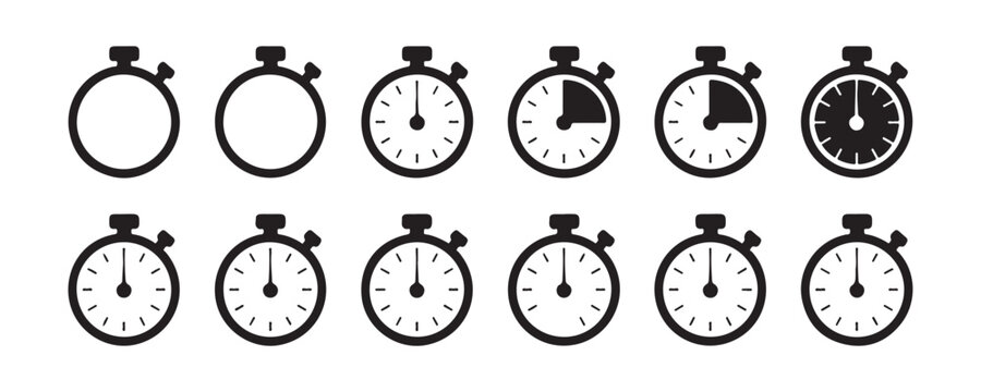 Black stopwatch progress icons showing chronological order of time intervals and loading sequences.