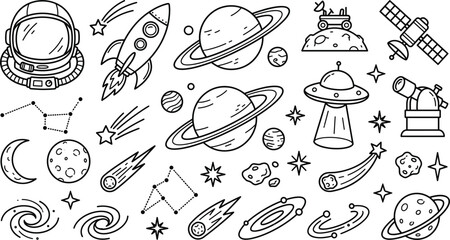 Outer Space Icon Set with Astronaut Helmet, Rocket Ship, Saturn Planets, UFO, Satellite, and Constellations in Minimalist Black Line Art Vector Design © mahammad