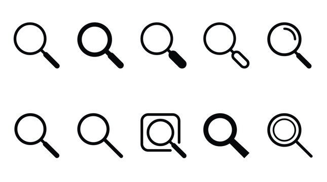 Set of magnifying glass icons, search symbols, zoom tools, collection of flat vector illustrations for web and ui design