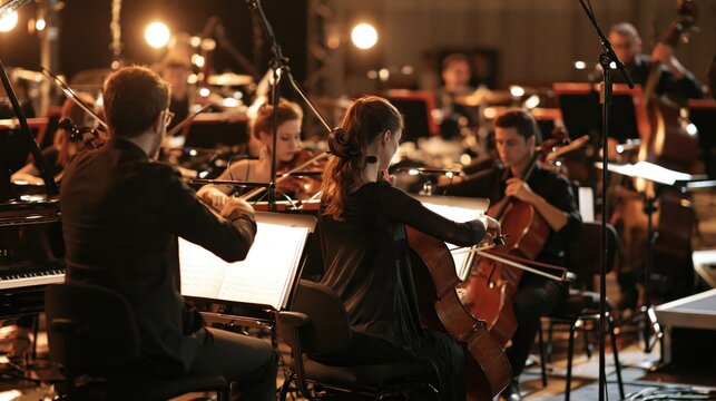 Orchestra musicians playing cellos and violins with warm stage lights during a rehearsal