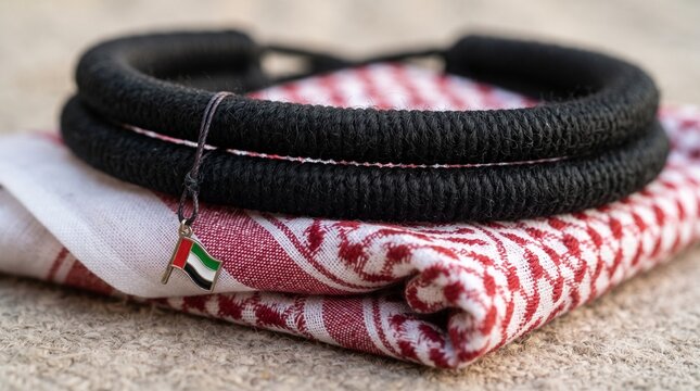 Traditional Arab Agal with UAE Flag Pendant on Red Shemagh Keffiyeh Headscarf