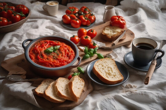 Tomato soup with bread and coffee