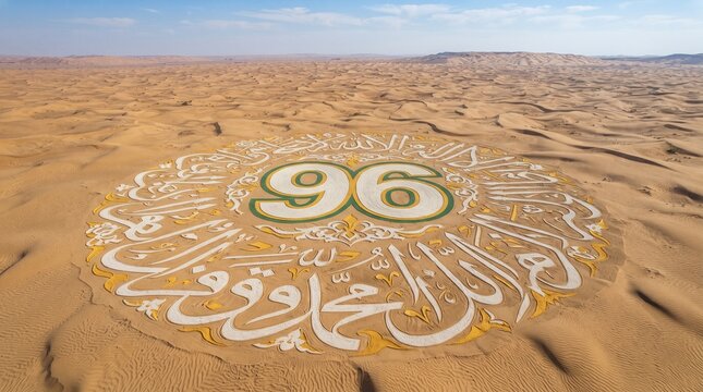 Aerial View of Number 96 and Arabic Calligraphy Sand Art in Desert Dunes